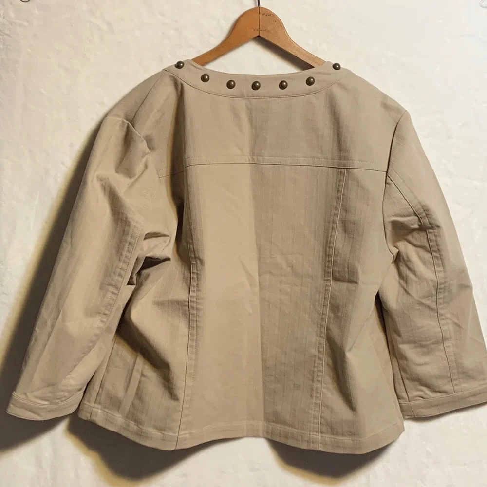 Cato Womens XL‎ Tan Studded Open Front Jacket Herringbone 3/4 Sleeve Beige Top